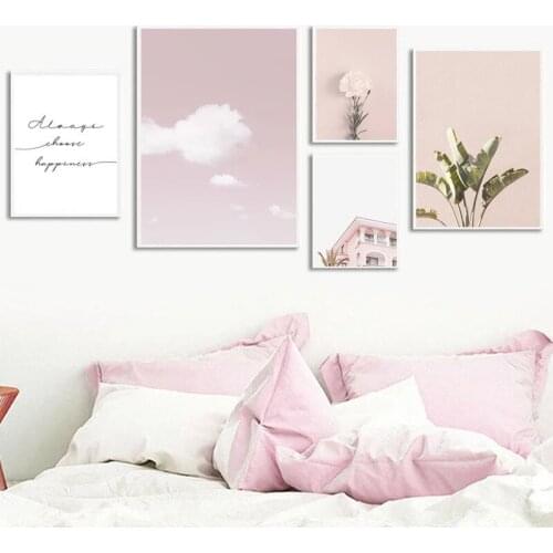 Nordic Architectural Landscape Poster Pink Sky Plant Canvas Painting Wallpaper Print Art Picture for Home Bedroom Decor