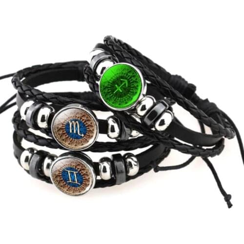 Luminous Bracelet 12 Zodiac Leo Libra Sagittarius Capricorn Aquarius Black Braided Leather Bracelet Glowing Jewelry Wholesale