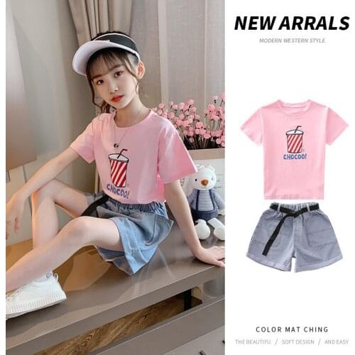 110-170cm Child Summer Clothes Childrens Cotton Cute Drink Print Short Sleeve Tops& Denim Shorts Clothing Sets Girls Outifts