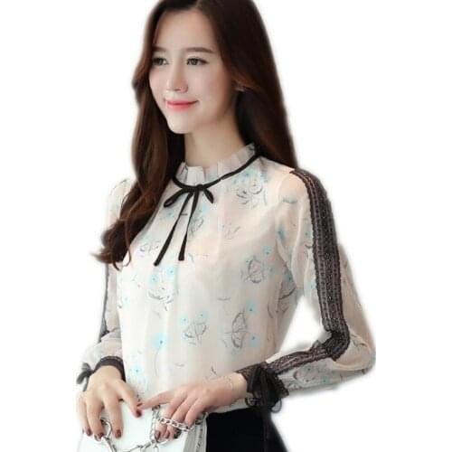 Long Sleeve Women Chiffon Blouses 2019 New Sweet Lace Tops Spring Female Print Slim Chiffon Blouses Stand-Collar Mujer Q1203