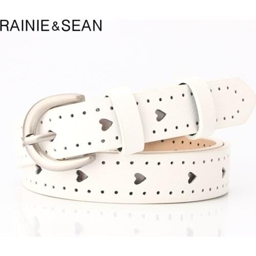 RAINIE SEAN Women Belt Hollow Out Heart Leather Belts for Ladies Thin Casual Camel Black White Red Pin Buckle Female Jeans Belt