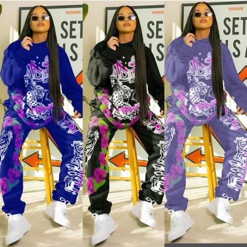 Graffiti Print Women Two-piece Set Loose Hoodies and Baggy Sweatpants Black High Street Jogging Pants Matching Suit Set Outfits