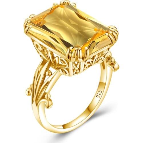 Luxury Gold Rings For Women 18k Color Citrine Ring Gemstones Real 925 Sterling Silver Rectangle Undefined Silver 925 Jewelry Hot