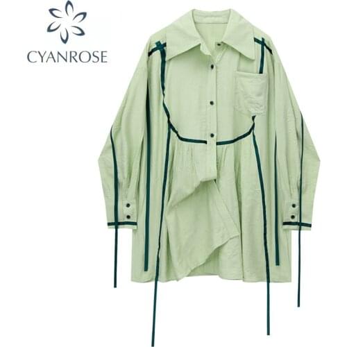 Autumn 2021 Green Women Korean Mini Dresses Turndown Collar Long Sleeve Fashion Streetwear Design Casual Female Y2k Shirt Dresss
