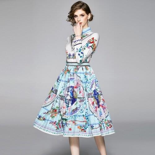 Elegant Flower Print Vintage Shirt Dress 2021 Spring Women Ladies Long Sleeve Tassels Dress Swing Midi Pleated Dress k5515