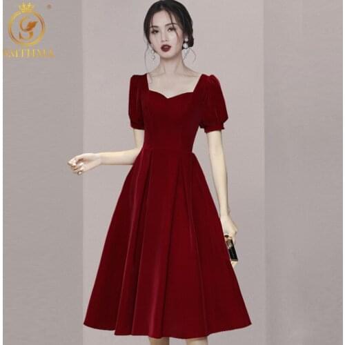 SMTHMA Autumn And Winter Elegant Puff Sleeve Velvet Women Dresses Sexy V-Neck Slim Waist Mid-Length Female Vestidos