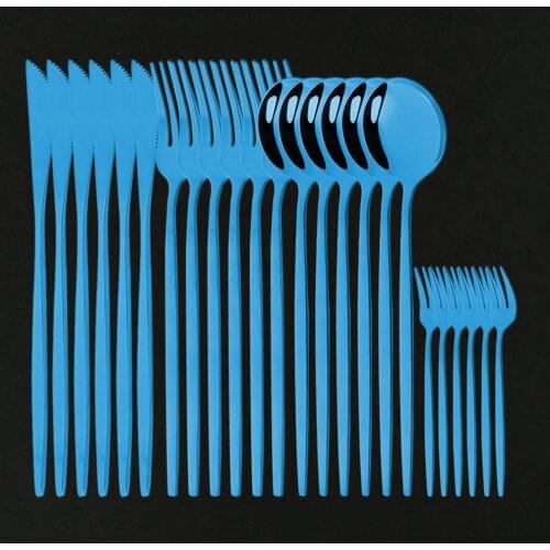 24Pcs Mirror Blue Flatware Cutlery Stainless Stainless Set Tableware Dinnerware Set Knife Fork Gold Spoon Wedding Silverware Set