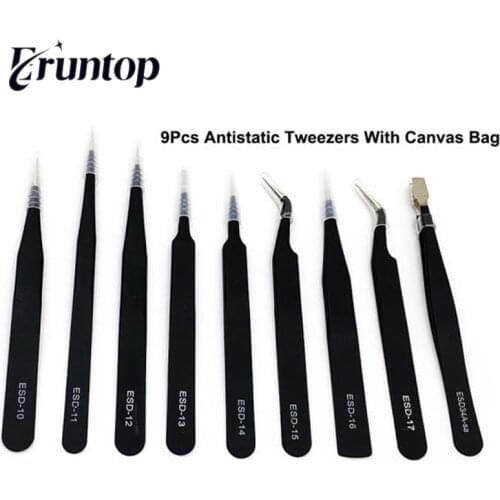 9pcs/set Eruntop ESD Stainless Steel Tweezers With Tool Kit Anti-static Maintenance Tools for Mobile Phone Repair