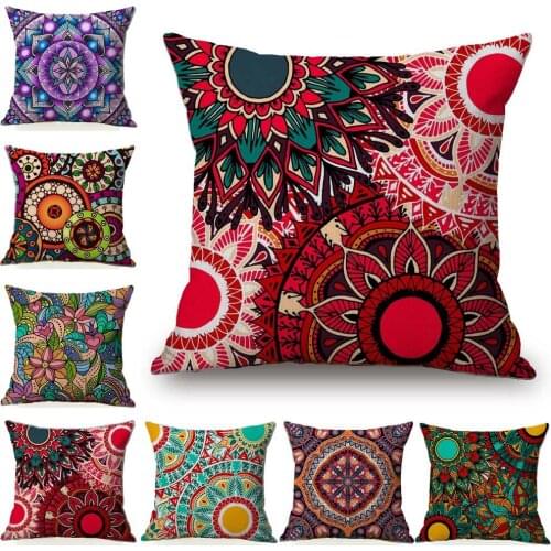 Colorful Flower Cushion Cover Symmetrical Floral Beige Linen Pillow Case 45x45cm Pillowcase Sofa Decoration