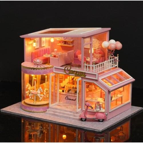 DIY DollHouse Wooden Miniature Toy with Furniture Kit Casa Music Led Assemble 3D Doll House Model Carousel Toys for Children