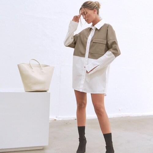 Autumn and Winter New stitching PU leather loose mid-length shirt womens fashion Long-sleeved pocket Blousers Elegant and Chic