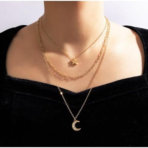 Docona Luxury Crystal Star Moon Pendant Necklace for Women Gold Multi-layer Cuban Chain Female Wedding Jewelry Collar 17940
