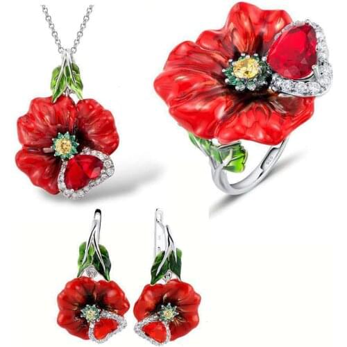 Luxury Red Crystal Flower Enamel Jewelry Sets Women Red Stone Handmade Enamel Rings Earrings Necklaces for Women Boho Jewelry