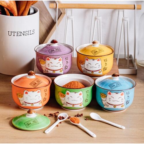 Japanese Cartoon cat Ceramic Kitchen Seasoning Tank and Ceramic Spoon Salt Shaker Spice Jar Kitchen Accessories have Box
