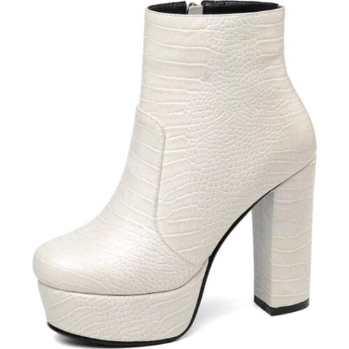 Women boots 2020 genuine leather Fashion Platform Ankle Motorcycle Boots Winter quality High Heel 12cm Zip Party Shoes34-43 6-10