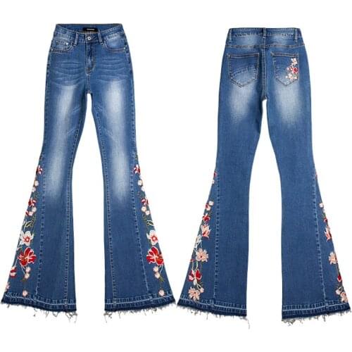 Womens wide-leg pants dark blue 3D three-dimensional embroidery flared feet mopping the floor DSQBRAND jeans fashion and luxury
