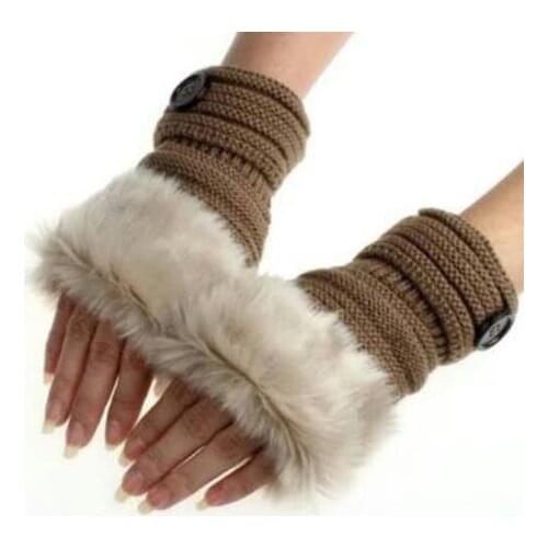 Women girl Christmas gift party favors Button gloves Knitted Faux Rabbit Fur Fingerless gloves Winter Warmer outdoor Mittens