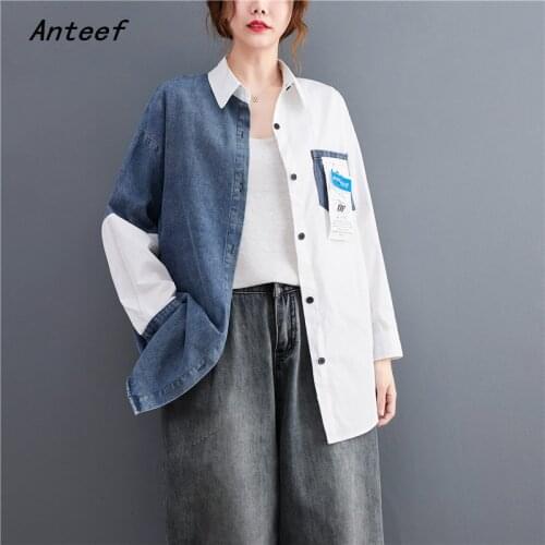 Long sleeve oversize cotton denim vintage shirts for blouse Casual loose spring autumn tops women 2021 blouses button up shirt