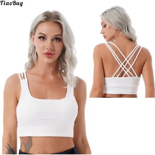 TiaoBug Women Female Strappy Sport Bra Square Neck Crisscross Back Medium Support Bra With Cups For Yoga Running Gym Fitness