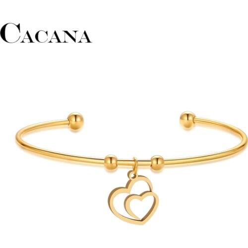 CACANA 316L Stainless Steel Open Bracelet Gold Color Hollow Double Hearts Simple Trendy Jewelry For Women Wedding Party Gifts