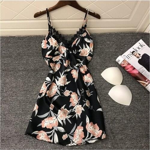 Women Fashion Summer Sleeveless Leaves Printing Dress High-waist Slim-fit Sling Imitation Silk Home Service Sleepshirts