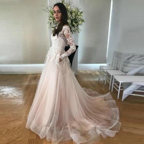2020 vestido de noiva princesa O-neck Flower Appliqued Long Sleeve Wedding Dresses With Pockets Sheer Back Bride Dress