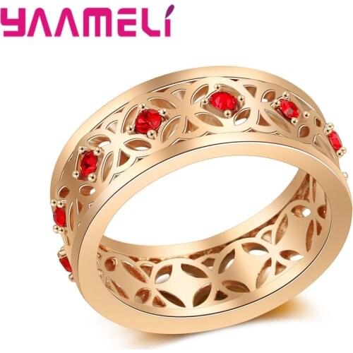 Vintage 925 Sterling Silver Flower Hollow Ring for Women Red CZ Crystal Inlay Paved Rose Gold Coated Fashion Jewelry Accessory