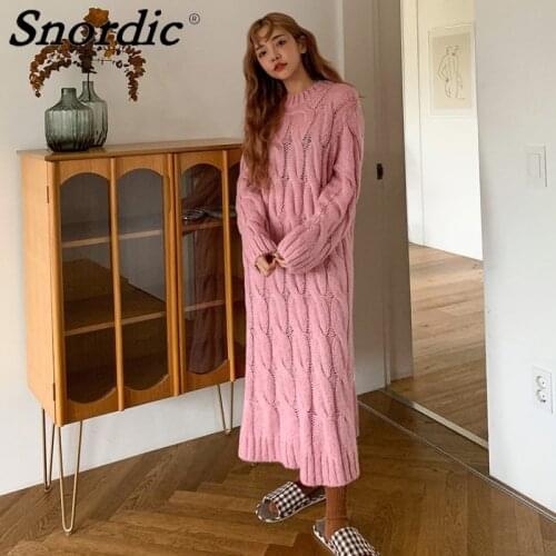 2021 Oversize Knitting Twist Long Sweater Dress Women Autumn Winter Full Sleeve Pink Straight Maxi Jumpers