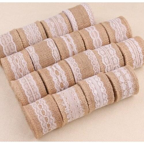 10pcs/lot 5cm 2m/roll Jute Burlap Hessian Ribbon with Lace DIY Trim Fabric For Sewing Wedding Decoration Accessories