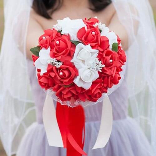 Bridal Bridesmaid Handmade Artificial Silk Rose Flowers with Lace Wedding Favor Decor Supplies Romantic Wedding Bouquet