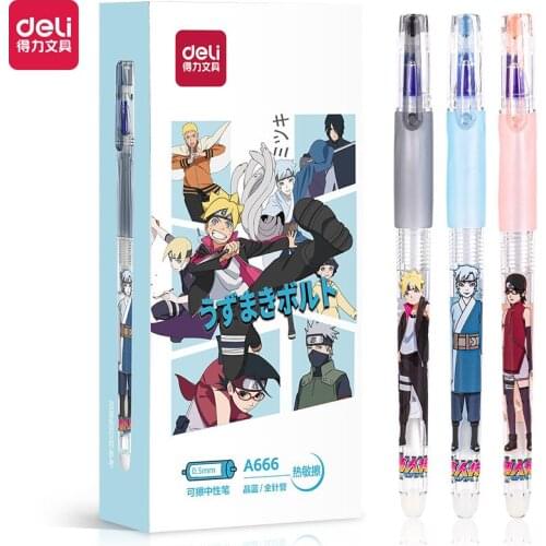 Deli Pens 3pcs Kawaii Naruto Erasable Pens for School Supplies Japanese Pens Cute Anime Stationery Kids Gift for Prizes Cool