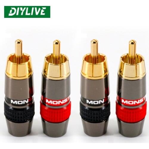 DIYLIVE 4PCS Audio Connectors RCA Connector Gold Plated Lotus Head Video Support 6mm Cable RCA Male Plug Adapter Hifi Cables
