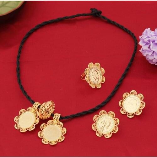 Ethiopian Big Coin Cross Jewelry 22k Gold Color African Eritrea Habesha Wedding Bride Jewelry