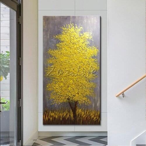 Canvas Oil Painting palette knife 3D texture golden Flower and Tree Wall art Pictures For Living Room home decor caudros decor19