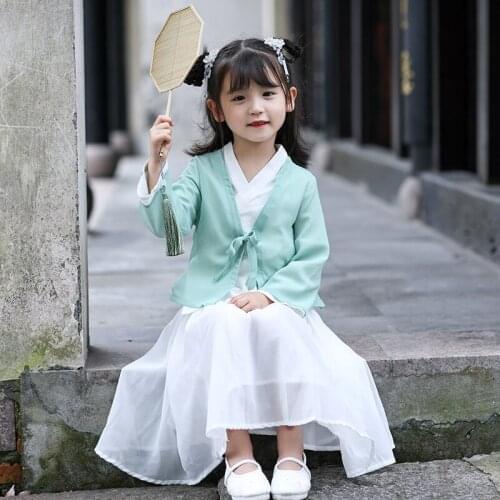 Girls Chinese National Style Sets TShirt Skirt Belt Coat 2PCS Suit Children Traditional Tang Dynasty Girl Princess Cute Clothes