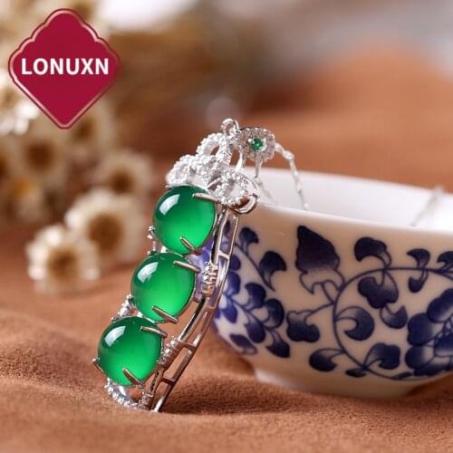 High quality 925 Sterling silver Natural stone green agate Pendant Beans crystal flowers Necklace for girls pendant with chain