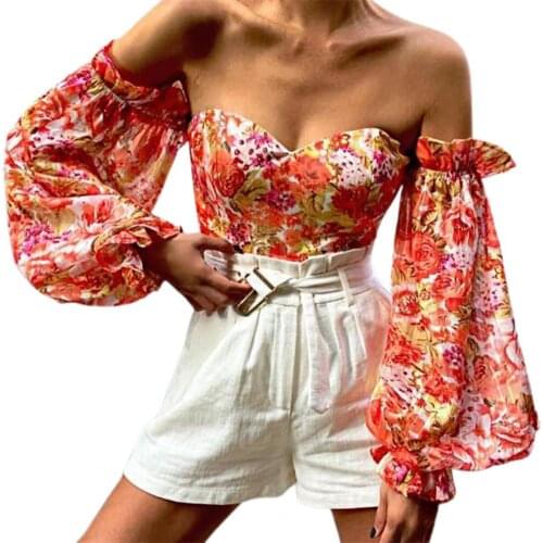 Summer Women Top Off-shoulder Lantern Sleeve Sexy Ladies Print Chiffon T Shirt off-shoulder print lantern sleeve t shirt Women