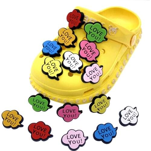 Wholesale 100PCS Mix Colorful LOVE YOU! Ico JIBIZT Croc Accessories Wristband Decoration PVC Shoes Charms For Kids Party Gifts