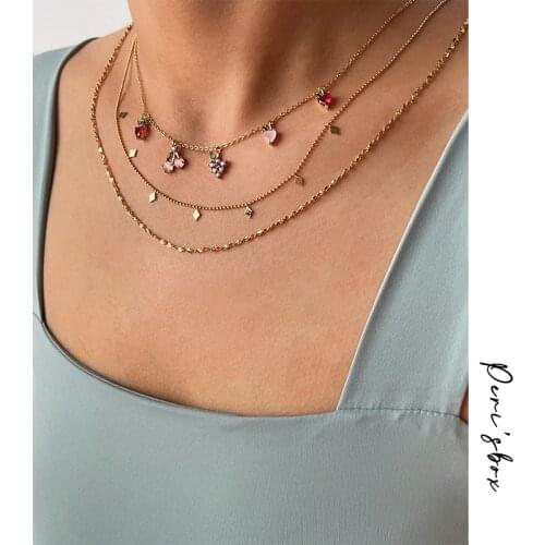 Perisbox Sweet Color Zircon Fruits Charm Necklace For Women Cherry Peach Grape Pendant Thin Link Chain Necklaces