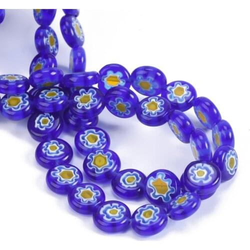 Flat Round 8mm 10mm Deep Blue & Yellow Flower Patterns Millefiori Glass Loose Crafts Beads lot for DIY Jewelry Making Findings