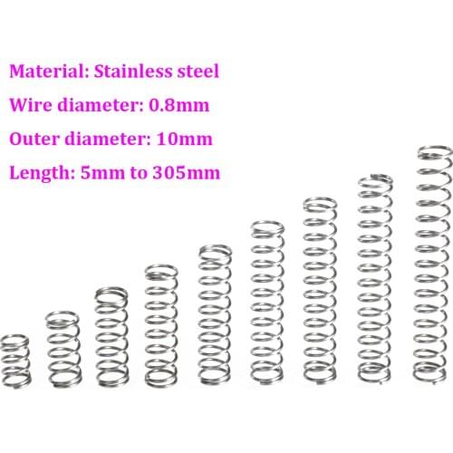 Wire Dia 0.8mm Stainless Steel Compression Spring OD 10mm Pressure Spring Length 5mm - 305mm