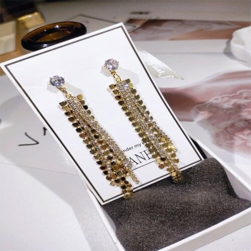 Luxury Long Tassel Gold Round Metal Stud Earring Bling Iced Out Crystal Rhinestone AAA CZ Womens Earrings for Party Wedding
