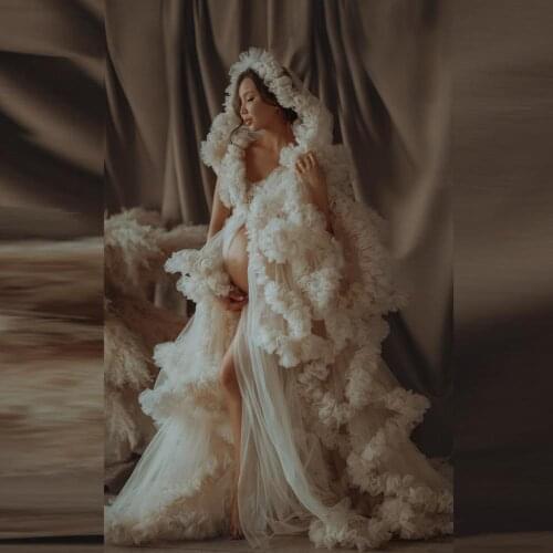 Luxury Bridal Tulle Robes Custom Made Long Sheer Women Tulle Maternity Dressing Gowns Photo Shoot Dresses Ruffled Tulle Dress