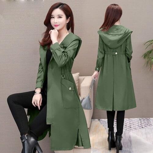 Trench coat Womens Mid-length Korean-style spring and autumn 2021 new hooded slim-fit thin over the knee coat with pocket zippe