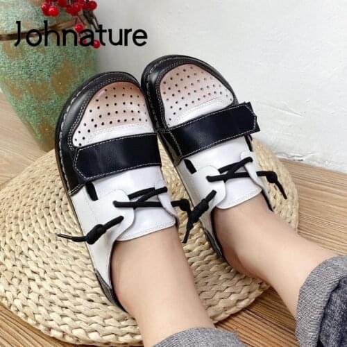 Johnature Genuine Leather Mixed Colors Shoes Women Slippers 2021 New Summer Outside Slides Flat With Concise Leisure Slippers