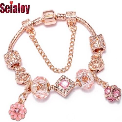 Seialoy Fashion Pink Crystal Charm Bracelets For Women Original Rose Gold Beads Snake Chain Bracelets Fashion Girls Jewelry