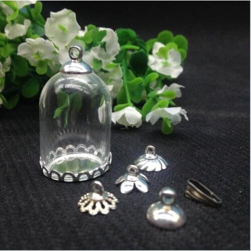 50sets/lot 25*18mm tube glass globe 18mm silver color lace base tray beads cap glass vial pendant glass bottle pendant findings