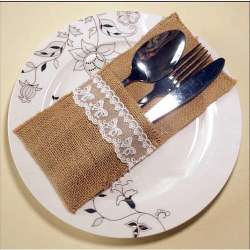 50pcs/lot wedding table decoration table decoration accessories burlap silverware holders country wedding jute lace pouch cover