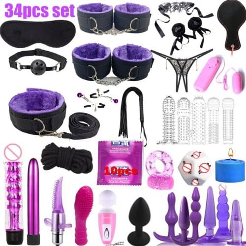 Sex Toys for Women 34Pcs set Sex Products Erotic Toys for Adults BDSM Sex Bondage Set Handcuffs Anal Plug Dildo Vibrator Whip