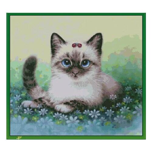 FREE Shipping Top Quality popular counted cross stitch set cat and ladybug ladybird, kitten in garden